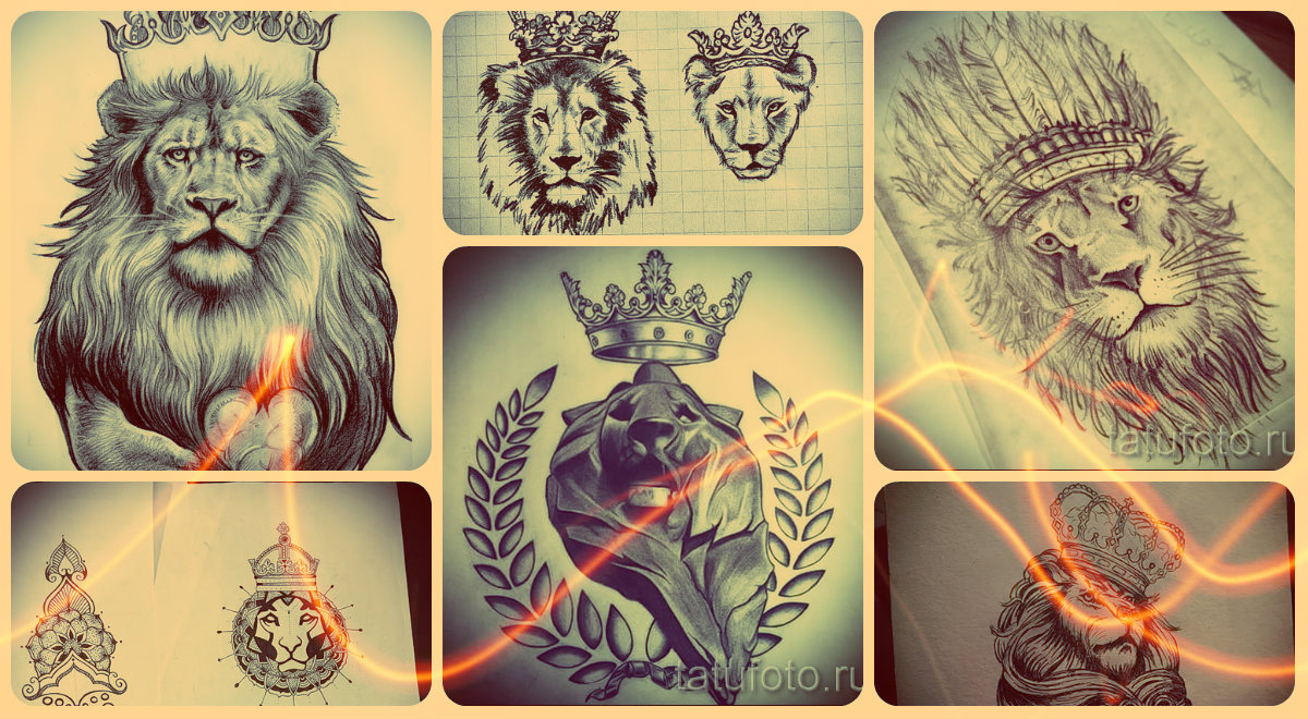 Эскизы тату лев с короной - интересные рисунки для нанесения тату льва в короне