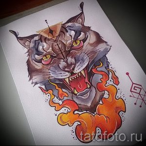 Цветное тату рыси в стиле нео-трад с яркими красками и детальной проработкой. Идеальный эскиз для любителей смелых и оригинальных татуировок.