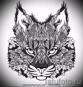 Эскиз татуировки рыси, выполненный в декоративном стиле с использованием сложных орнаментов и узоров. Идеально для тех, кто ценит оригинальность и детализацию.