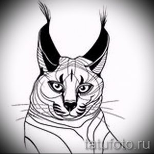 Черно-белое фото эскиза тату рыси, выполненного в линейном стиле. Изображение отличается четкими контурами и минималистичным дизайном.