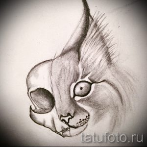 Загадочный эскиз татуировки, сочетающий в себе изображение рыси и черепа, выполненный в черно-белой гамме.