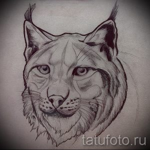 Четкий и детализированный эскиз татуировки головы рыси, выполненный в черно-белой гамме. Подходит для любителей реалистичных изображений.