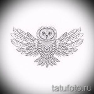 Черно-белый эскиз татуировки совы с крыльями, украшенными сложными геометрическими узорами. Стильный и современный рисунок.