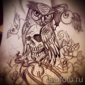 Фото эскиза татуировки, изображающего сову, переплетающуюся с черепом. Мрачный и символичный рисунок для любителей готической эстетики.