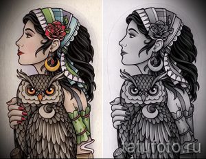 Эскиз татуировки, изображающий девушку в платке с совой на плече. Яркий рисунок в стиле олд скул с четкими контурами и насыщенными цветами.
