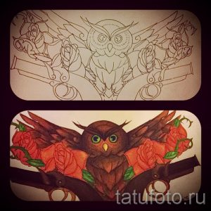 Эскиз татуировки совы, окруженной розами и кинжалами. Выполнен в стиле old school с использованием ярких цветов и четких контуров.