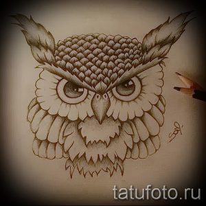 Реалистичный эскиз татуировки совы, выполненный в коричневых тонах. Выразительный взгляд и детализированное оперение создают эффект присутствия.