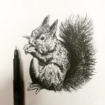 Черно-белый эскиз татуировки белки, грызущей орех. Детализированный рисунок, выполненный с использованием точечной техники, создает эффект объема и текстуры.