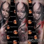 Фото тату на руке: черно-белая гейша с веером и цветами, детализированный рисунок татуировки, японский стиль.