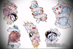 Фото с несколькими тату эскизами, включающими бильярдный шар, игральные кости, карты и цветок розы, оформленные в стиле олдскул.