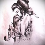 Красивый эскиз татуировки с изображением гейши, нежно обнимающей кота. Черно-белый рисунок с мягкими тенями и детальной проработкой.