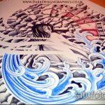 Черно-белый эскиз татуировки с изображением гейши, волн и игрового автомата казино. Необычный рисунок тату в японском стиле.