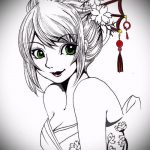 эскиз тату гейша №928 - достойный вариант рисунка, который успешно можно использовать для доработки и нанесения как тату гейша для девушек