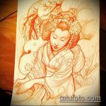 эскиз тату гейша №275 - уникальный вариант рисунка, который удачно можно использовать для переделки и нанесения как тату гейша на бедре