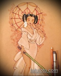 эскиз тату гейша №177 - классный вариант рисунка, который легко можно использовать для переработки и нанесения как тату гейша и сакура