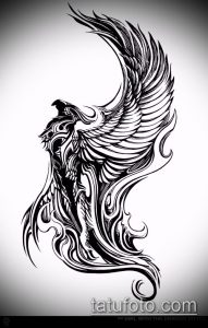 Сложный эскиз татуировки грифона, выполненный в стиле blackwork с использованием плотных черных линий и геометрических узоров, создающий эффект графического рисунка.
