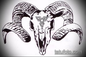Черно-белый эскиз татуировки черепа козла с детализированными рогами и кельтским узором на лбу.