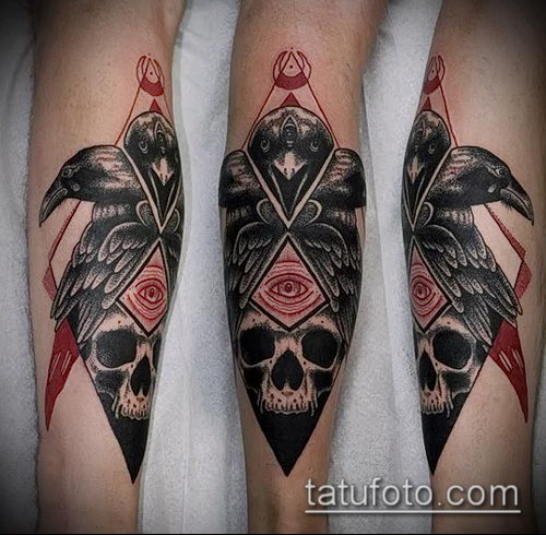 ворон на черепе тату (значение) - пример интересного рисунка тату - 028 tatufoto.com