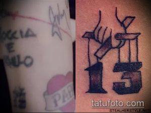 Фото тату: число '13', стилизованное под пистолет. Черно-белый рисунок татуировки с элементами граффити.