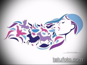 Фото тату с изображением женского профиля, из которого вылетают птицы и бегут животные. Яркие цвета и стилизованный дизайн.
