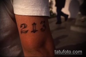Фото тату: татуировка с числами 213, выполненная в готическом стиле на руке. Черно-серый рисунок татуировки.