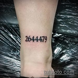 Фото тату: небольшая татуировка с номером 2644479 на лодыжке. Черные цифры выглядят минималистично и загадочно.