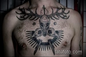 Фото тату на груди с изображением двух черепов птиц, обрамленных оленьими рогами. Детализированный рисунок татуировки в стиле графика.