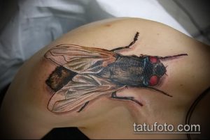 Фото реалистичной татуировки мухи на плече. Детализированный рисунок с точной передачей текстуры крыльев и тела.