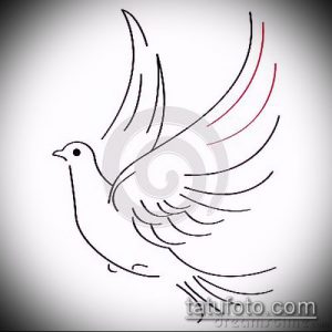 Черно-белый эскиз татуировки с изображением летящего голубя, выполненный в минималистичном стиле с использованием тонких линий и красных акцентов.