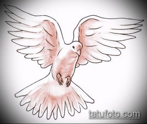 Эскиз татуировки с изображением летящего голубя, выполненный в пастельных тонах с использованием карандаша, с акцентом на детализацию крыльев.