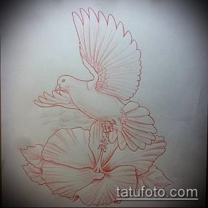 Эскиз татуировки с изображением голубя, сидящего на цветке гибискуса. Красивый и нежный эскиз для любителей тропических мотивов.