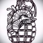 эскиз тату граната №704 - интересный вариант рисунка, который хорошо можно использовать для доработки и нанесения как роза с гранатой тату