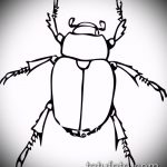 Черно-белый эскиз татуировки жука, выполненный в стиле лайнарт с использованием четких и тонких линий.