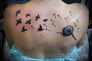Фото тату одуванчика, из которого вылетают птицы, выполненного в черном цвете на женской спине. Детализированный и красивый рисунок татуировки.