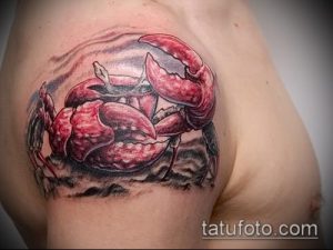 Фото реалистичной татуировки краба на плече. Детализированный рисунок с использованием черно-серых оттенков.