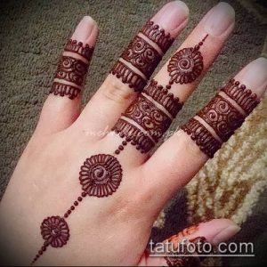 Фото тату мехенди на пальцах, с изображением изящного узора в коричневых тонах. Идеально для вдохновения и поиска идей.