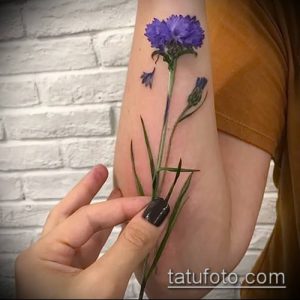 Фотография акварельной татуировки с изображением одного цветущего василька на руке. Нежные синие оттенки и плавные переходы цветов.