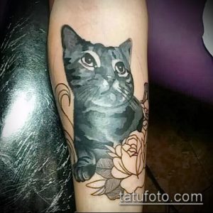 Фото реалистичной татуировки кошки с цветами на руке. Детализированный рисунок татуировки с использованием оттенков серого и розового.