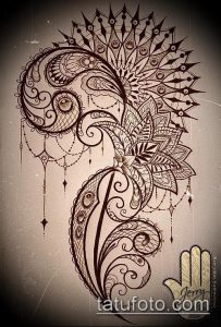 Фото эскиза татуировки в стиле мандала. Сложный узор, выполненный точками (dotwork). Геометрические фигуры и орнаменты. Детализированный рисунок.