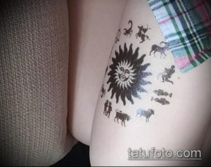 Фото тату созвездий и знаков зодиака на бедре. Рисунок выполнен в черном цвете, с использованием различных символов и изображений.