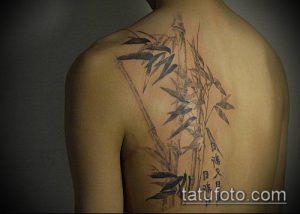 Фотография татуировки на спине с изображением стеблей бамбука и летящих ласточек. Татуировка выполнена в черно-белом стиле с использованием тонких линий и иероглифов.