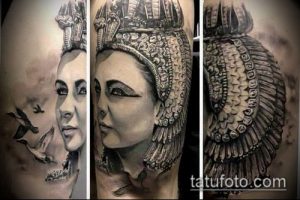 Фото реалистичной татуировки Клеопатры на руке. Детализированный портрет, тени, реалистичные черты лица.