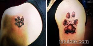 Фото двух татуировок отпечатков лап на плече, выполненных в разных стилях: реализм и графика.