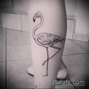 Фото тату фламинго, выполненного в технике blackwork на женской ноге. Изящный и минималистичный рисунок.