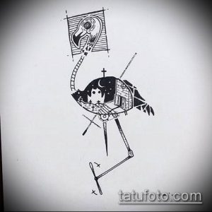 Фото тату фламинго в стиле blackwork. Абстрактное изображение птицы, выполненное только черными линиями и точками.