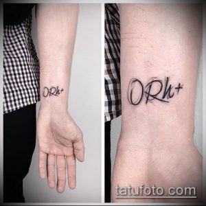 Фото татуировки с изображением группы крови ORh+, выполненной черными чернилами на запястье.