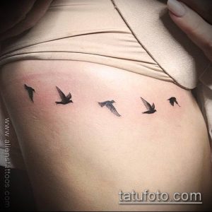 Фото тату: татуировка на боку с изображением пяти летящих птиц, выполненных тонкими линиями. Минималистичный и элегантный дизайн.