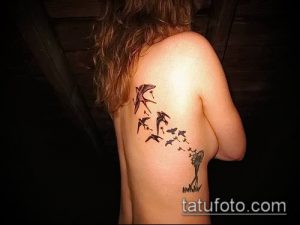 Фото тату на спине: стая птиц, вылетающих из цветка одуванчика, символизирует свободу и новые начинания. Красивый и оригинальный рисунок.