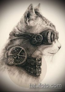 Эскиз тату кота в очках и механическом шлеме, украшенном шестернями и деталями. Детализированный рисунок в стиле стимпанк.