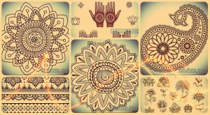 Коллаж из различных эскизов татуировок в индийском стиле: мандалы, руки с хной, узоры павлина и цветочные мотивы. Идеально для поиска вдохновения.